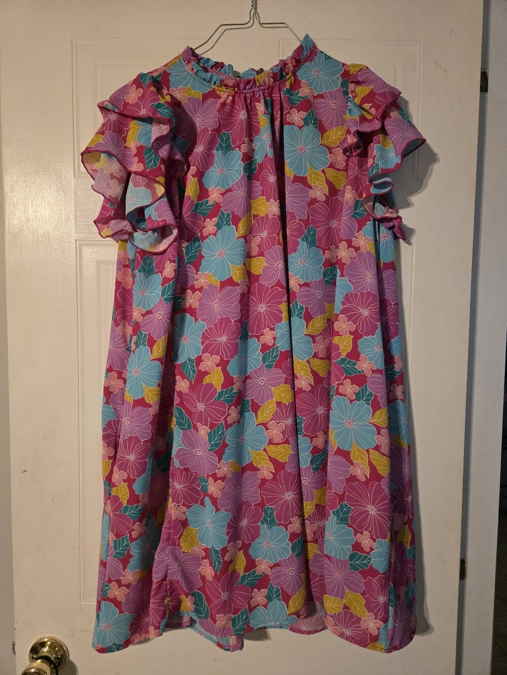 Floral Ruffle Midi Dress in Pink & Blue